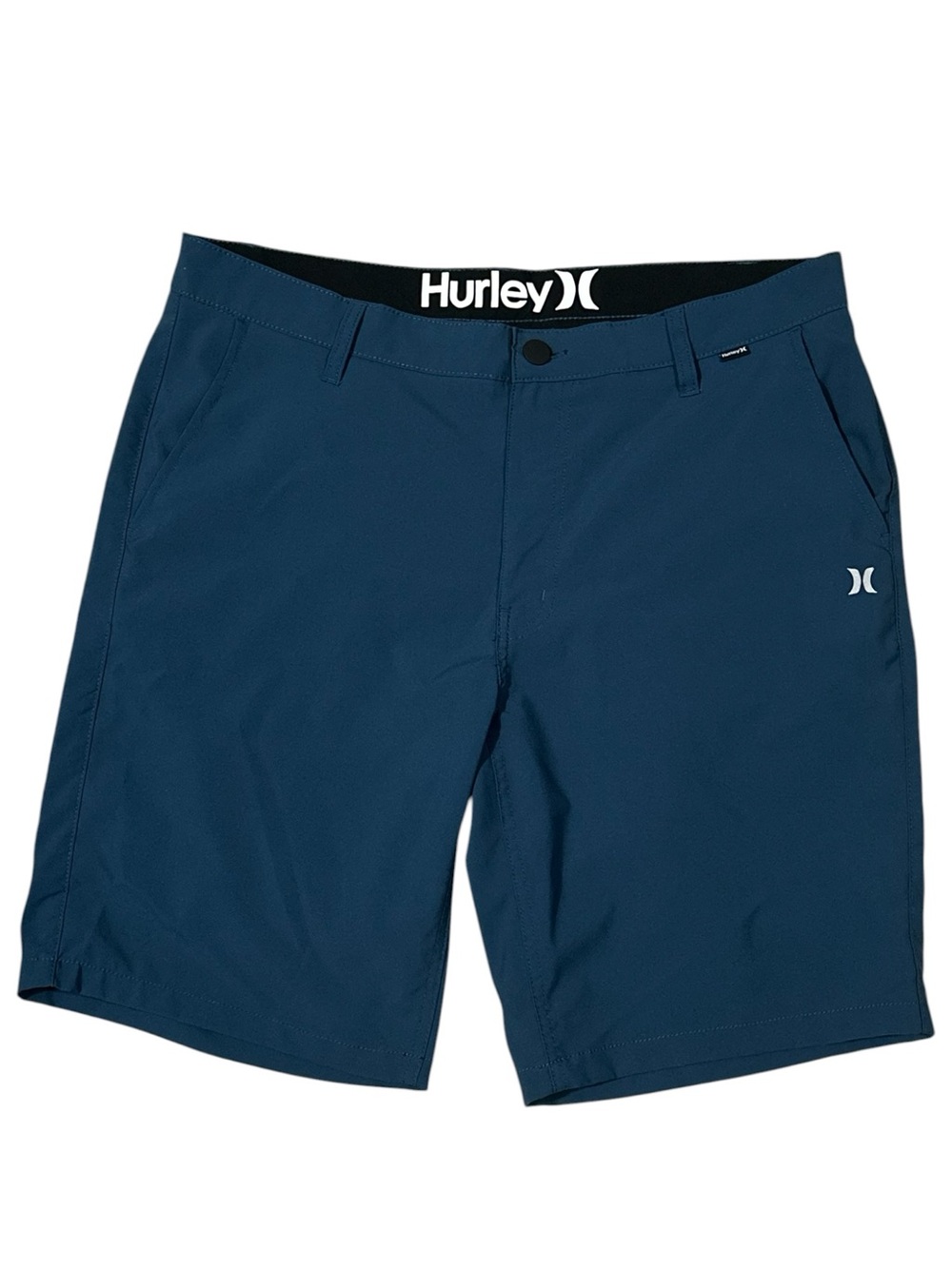 Hurley Men’s Flat Front Shorts Solid Blue Logo Pockets 36in